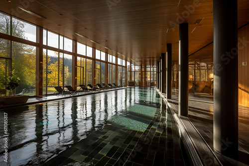 Thermal pools in the SPA interior with ceiling lighting, thermal water supports the healing process and strengthens the immune system, regenerating AI content. photo