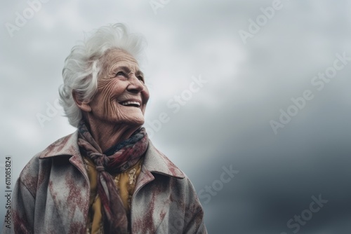 Lifestyle portrait photography of a grinning old woman wearing a chic cardigan against a dramatic thunderstorm background. With generative AI technology