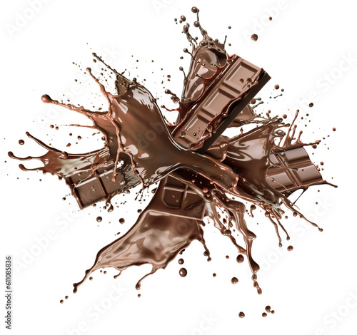 Chocolate bars splashing into a liquid chocolate splash burst in the air. Generative A.I.