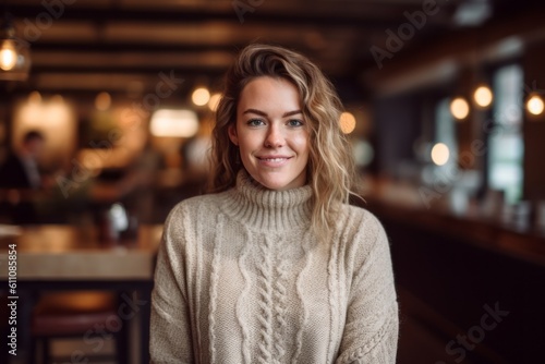 Lifestyle portrait photography of a satisfied girl in her 30s wearing a cozy sweater against a cozy coffee shop background. With generative AI technology