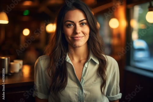Photography in the style of pensive portraiture of a grinning girl in her 30s wearing a classy button-up shirt against a cozy coffee shop background. With generative AI technology