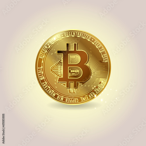 Bitcoin Crypto Currency . Gold coin with shining, bright, glossy, sparkling effect light background . Vector illustration. Use for logos, print products, page and web decor or other design