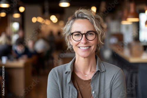 Headshot portrait photography of a satisfied mature girl wearing a comfortable pair of jeggings against a cozy coffee shop background. With generative AI technology photo