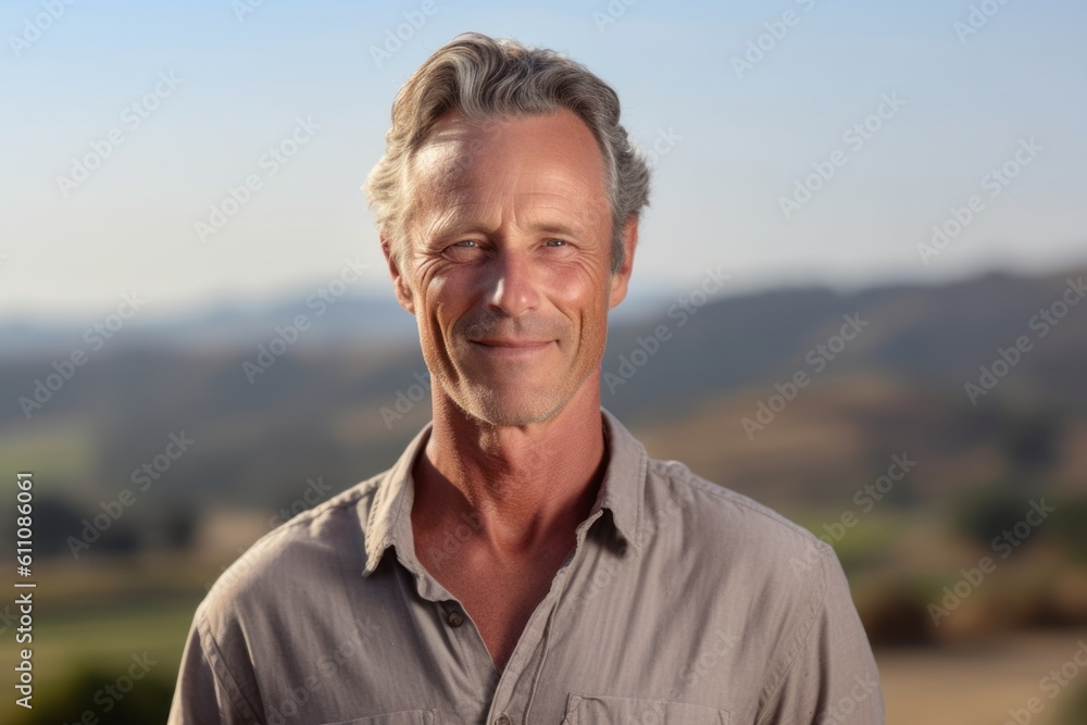 Medium shot portrait photography of a satisfied mature man wearing a casual short-sleeve shirt against a rolling hills background. With generative AI technology