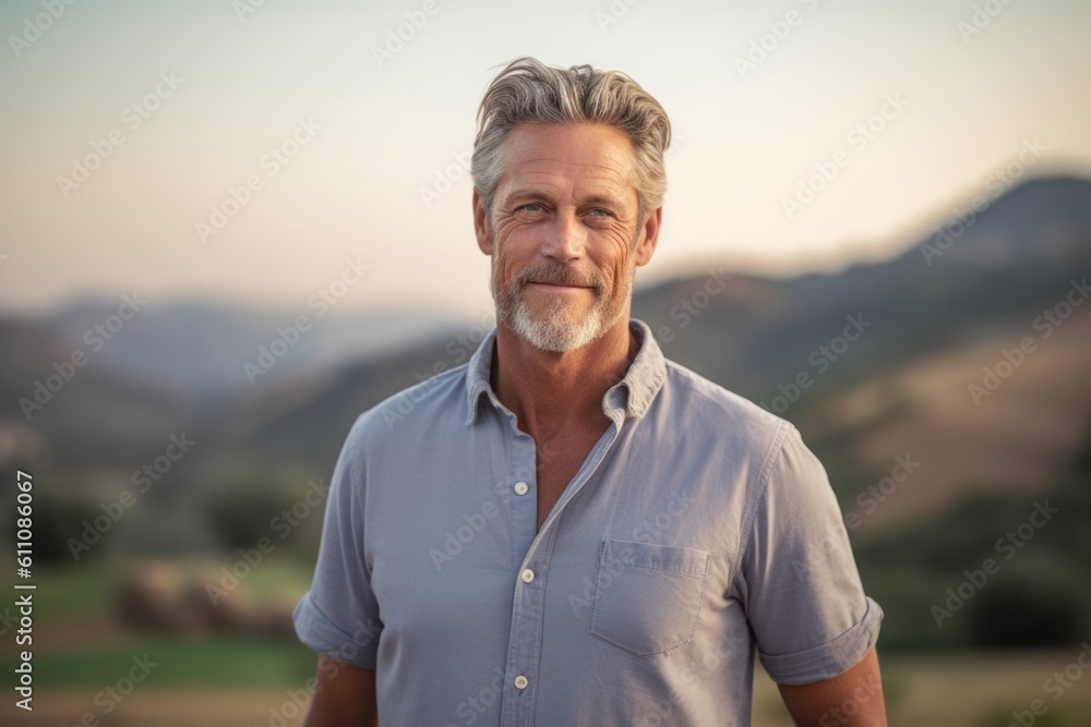 Medium shot portrait photography of a satisfied mature man wearing a casual short-sleeve shirt against a rolling hills background. With generative AI technology