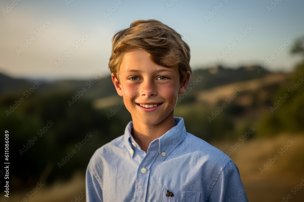Headshot portrait photography of a satisfied mature boy wearing a classy button-up shirt against a rolling hills background. With generative AI technology Headshot portrait photography of a satisfied mature boy wearing a classy button-up shirt against a rolling hills background. With generative AI technology