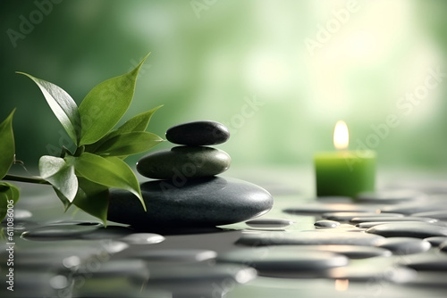 Spa composition with aromatic oil  candles and stones on table  AI generative content.