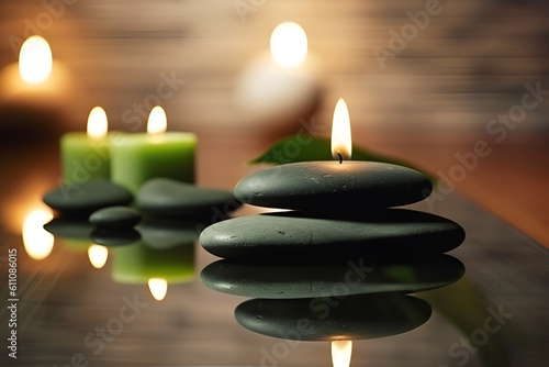 Spa composition with aromatic oil  candles and stones on table  AI generative content.