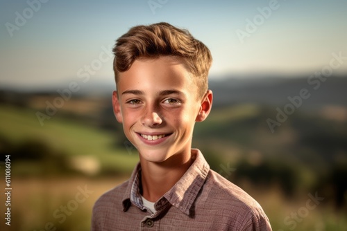 Headshot portrait photography of a satisfied mature boy wearing a classy button-up shirt against a rolling hills background. With generative AI technology