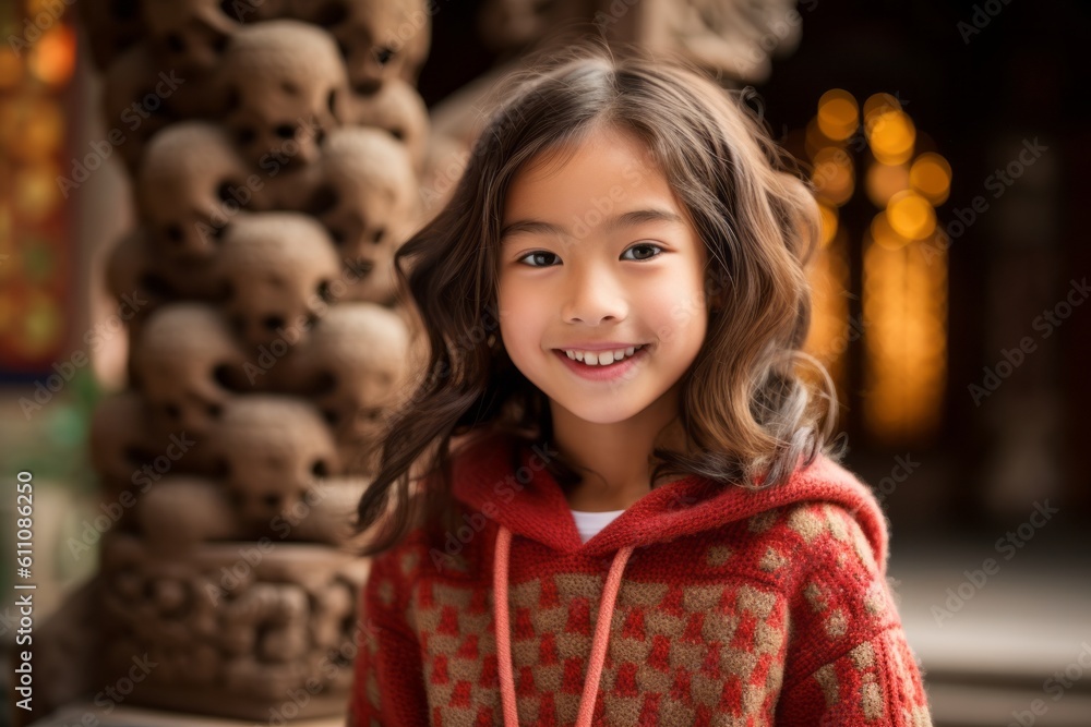 Environmental portrait photography of a happy kid female wearing a cozy sweater against a traditional asian temple background. With generative AI technology Environmental portrait photography of a happy kid female wearing a cozy sweater against a traditional asian temple background. With generative AI technology