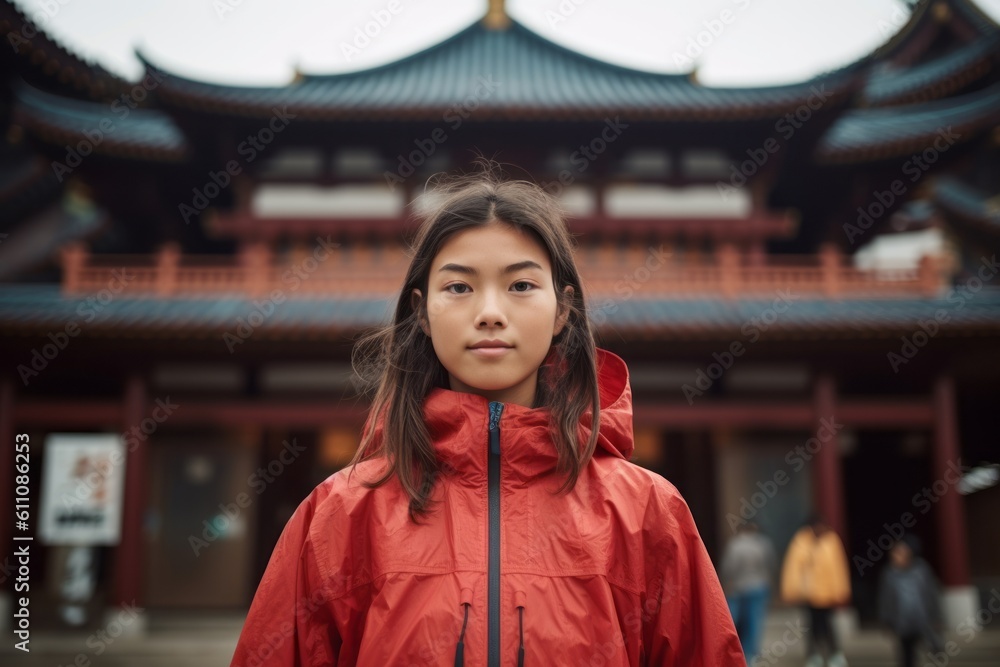 Environmental portrait photography of a glad kid female wearing a lightweight windbreaker against a traditional asian temple background. With generative AI technology