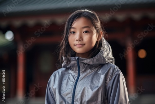 Environmental portrait photography of a glad kid female wearing a lightweight windbreaker against a traditional asian temple background. With generative AI technology