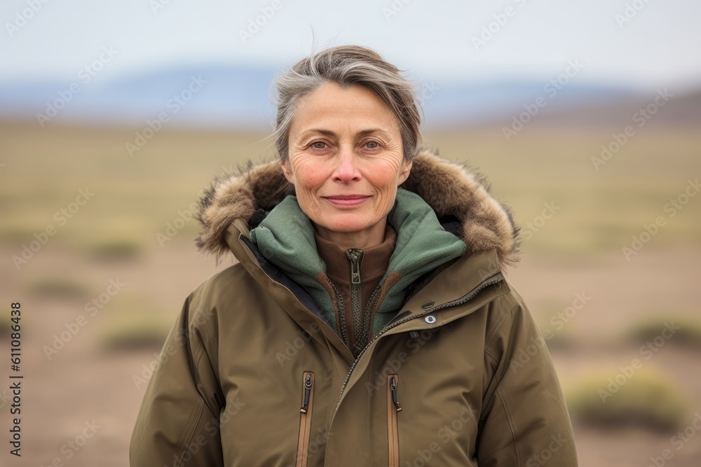 Medium shot portrait photography of a glad mature woman wearing a warm parka against a national park background. With generative AI technology Medium shot portrait photography of a glad mature woman wearing a warm parka against a national park background. With generative AI technology