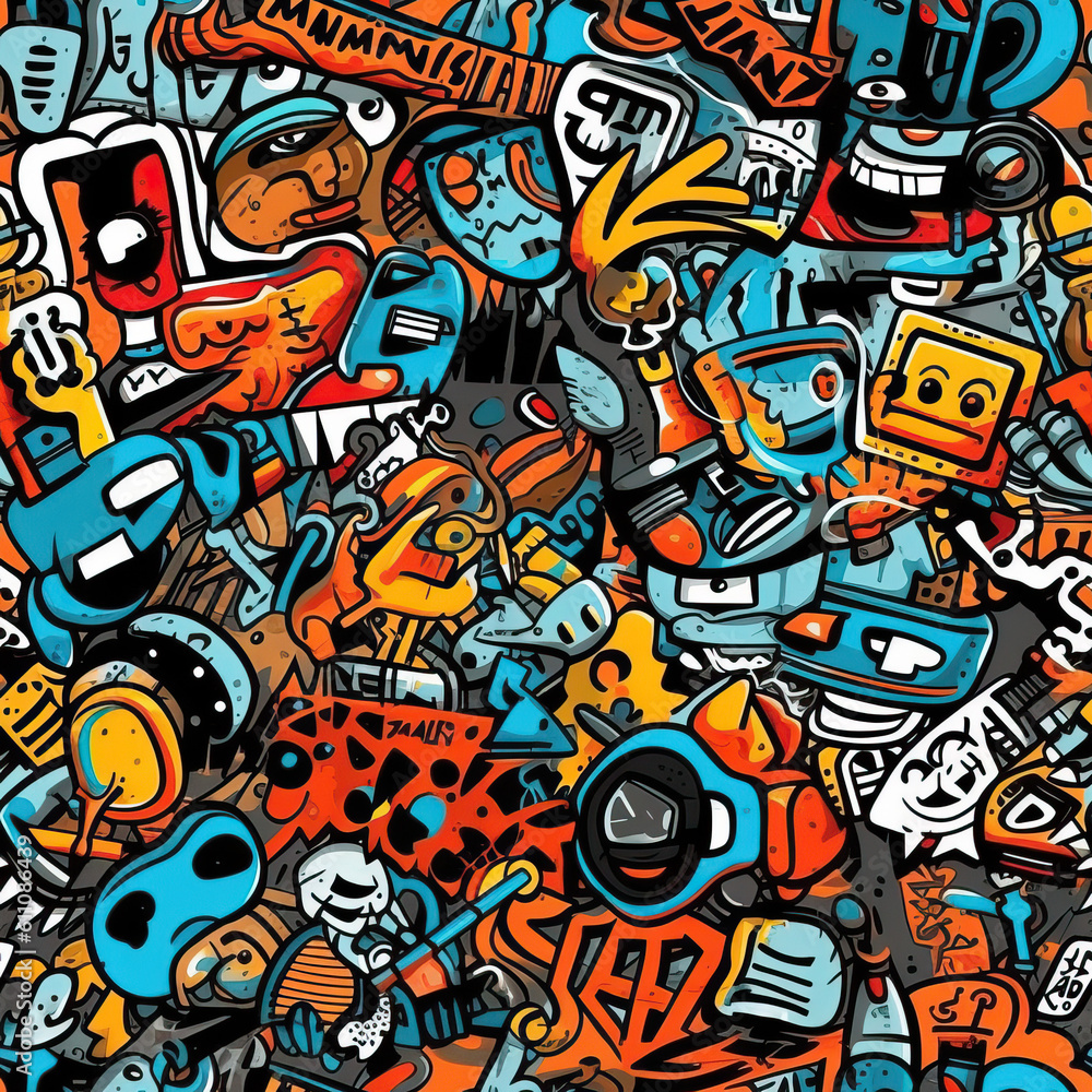 Obraz premium Funky doodles seamless repeat pattern - colorful abstract art [Generative AI] 