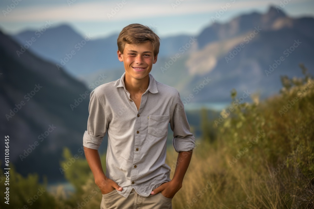 Medium shot portrait photography of a glad mature boy wearing comfortable jeans against a national park background. With generative AI technology