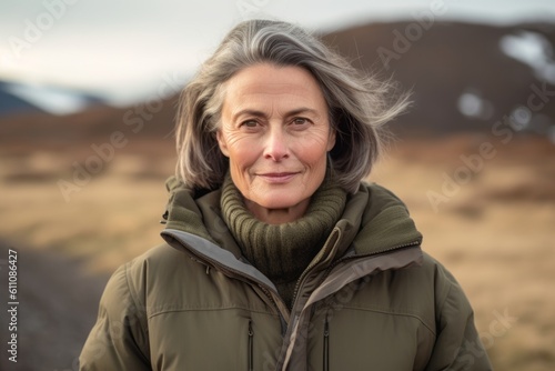 Medium shot portrait photography of a glad mature woman wearing a warm parka against a national park background. With generative AI technology © Markus Schröder