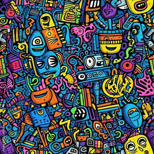 Funky doodles seamless repeat pattern - colorful abstract art  Generative AI  