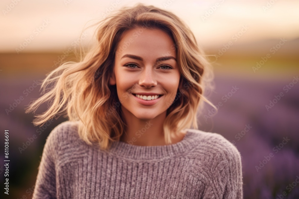 Close-up portrait photography of a glad girl in her 30s wearing a cozy sweater against a lavender field background. With generative AI technology