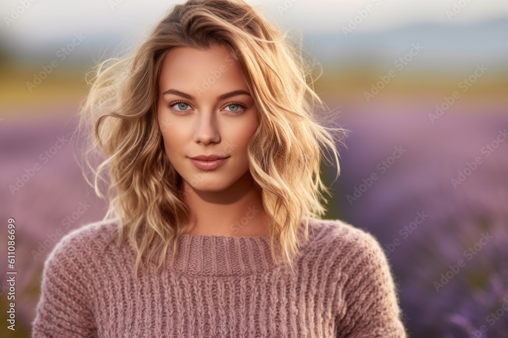 Close-up portrait photography of a glad girl in her 30s wearing a cozy sweater against a lavender field background. With generative AI technology