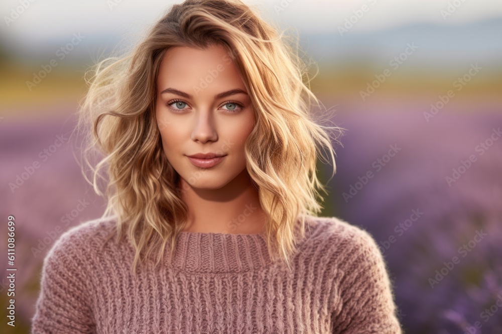 Close-up portrait photography of a glad girl in her 30s wearing a cozy sweater against a lavender field background. With generative AI technology Close-up portrait photography of a glad girl in her 30s wearing a cozy sweater against a lavender field background. With generative AI technology