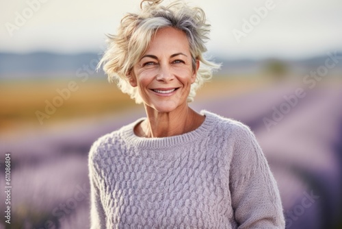 Headshot portrait photography of a satisfied mature woman wearing a cozy sweater against a lavender field background. With generative AI technology