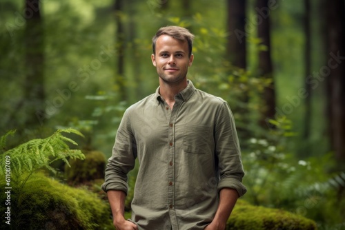 Medium shot portrait photography of a glad boy in his 30s wearing a classy button-up shirt against a moss-covered forest background. With generative AI technology © Markus Schröder