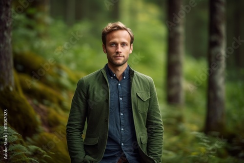 Medium shot portrait photography of a glad boy in his 30s wearing a classy button-up shirt against a moss-covered forest background. With generative AI technology