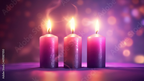 Bokeh purple candles over a black background. Generative ai