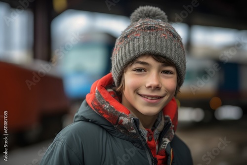 Environmental portrait photography of a joyful boy in his 30s wearing a warm beanie or knit hat against a historic train background. With generative AI technology