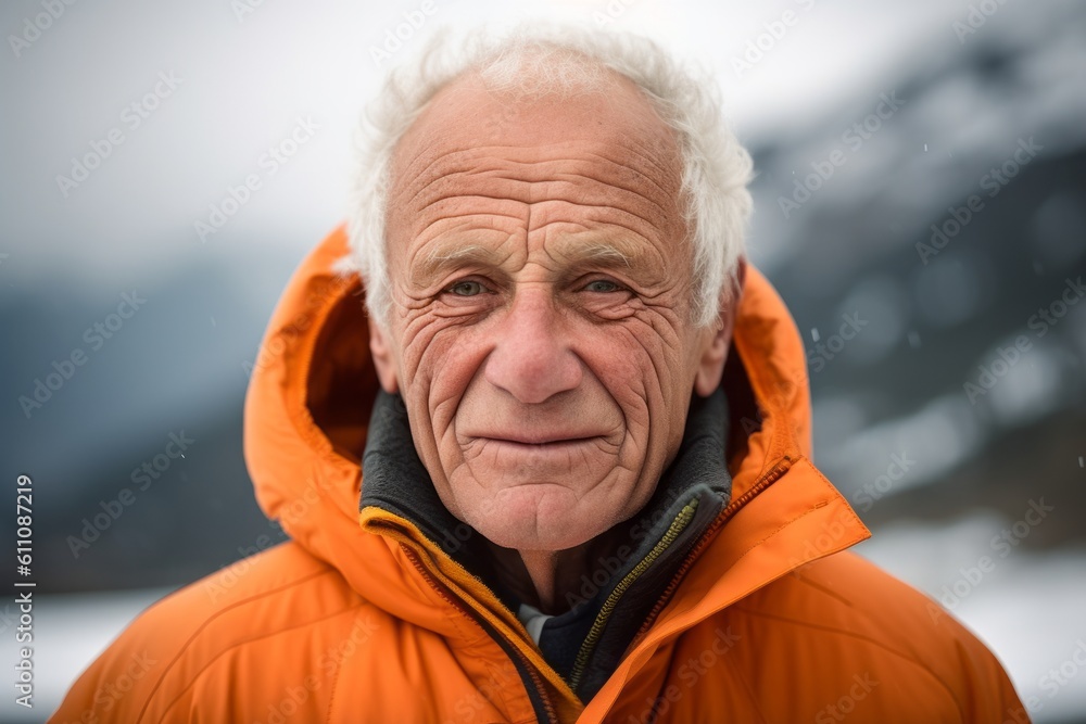 Headshot portrait photography of a satisfied old man wearing a cozy zip-up hoodie against a serene snow-capped mountain background. With generative AI technology Headshot portrait photography of a satisfied old man wearing a cozy zip-up hoodie against a serene snow-capped mountain background. With generative AI technology