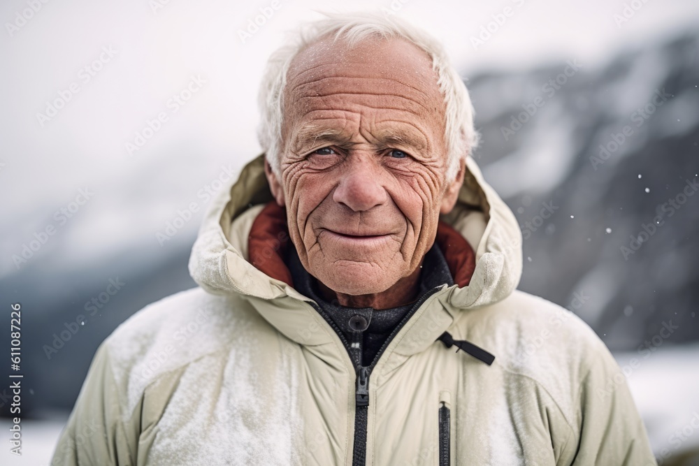 Headshot portrait photography of a satisfied old man wearing a cozy zip-up hoodie against a serene snow-capped mountain background. With generative AI technology Headshot portrait photography of a satisfied old man wearing a cozy zip-up hoodie against a serene snow-capped mountain background. With generative AI technology