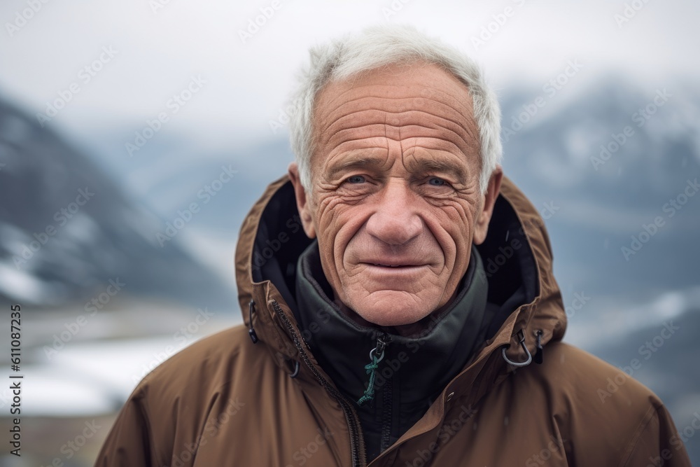 Headshot portrait photography of a satisfied old man wearing a cozy zip-up hoodie against a serene snow-capped mountain background. With generative AI technology Headshot portrait photography of a satisfied old man wearing a cozy zip-up hoodie against a serene snow-capped mountain background. With generative AI technology