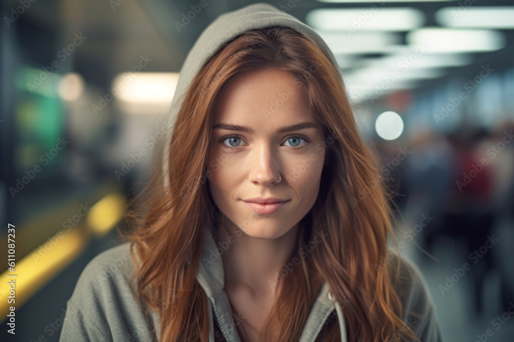 Close-up portrait photography of a glad girl in her 30s wearing a cozy zip-up hoodie against a busy airport terminal background. With generative AI technology Close-up portrait photography of a glad girl in her 30s wearing a cozy zip-up hoodie against a busy airport terminal background. With generative AI technology