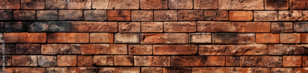 Old distressed Red brick wall texture, wide panoramic, Modern game texture pattern. Generative Ai. Old distressed Red brick wall texture, wide panoramic, Modern game texture pattern. Generative Ai.