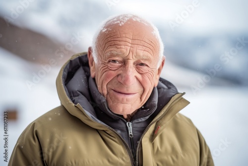 Headshot portrait photography of a satisfied old man wearing a cozy zip-up hoodie against a serene snow-capped mountain background. With generative AI technology