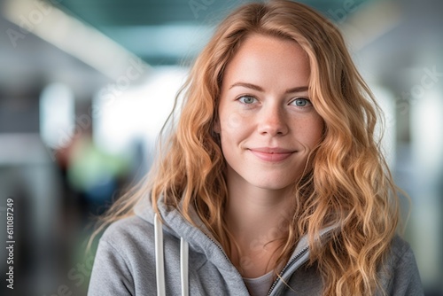 Close-up portrait photography of a glad girl in her 30s wearing a cozy zip-up hoodie against a busy airport terminal background. With generative AI technology