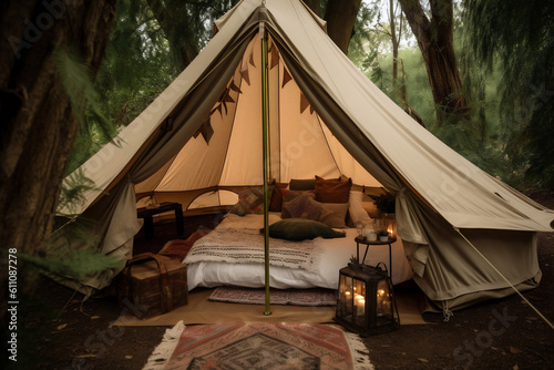 travel tent light canvas luxury nature camping forest glamping vacation. Generative AI. © SHOTPRIME STUDIO