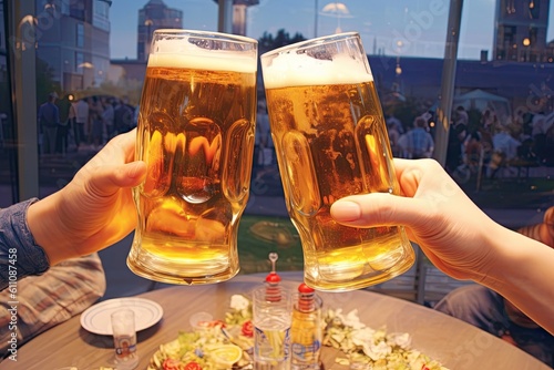 Close-up view of a two glass of beer in hand. Beer glasses clinking at outdoor bar or pub.ai generated