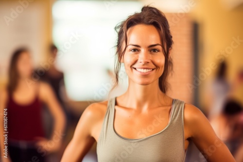 Medium shot portrait photography of a glad girl in her 30s wearing breezy shorts against a peaceful yoga studio background. With generative AI technology