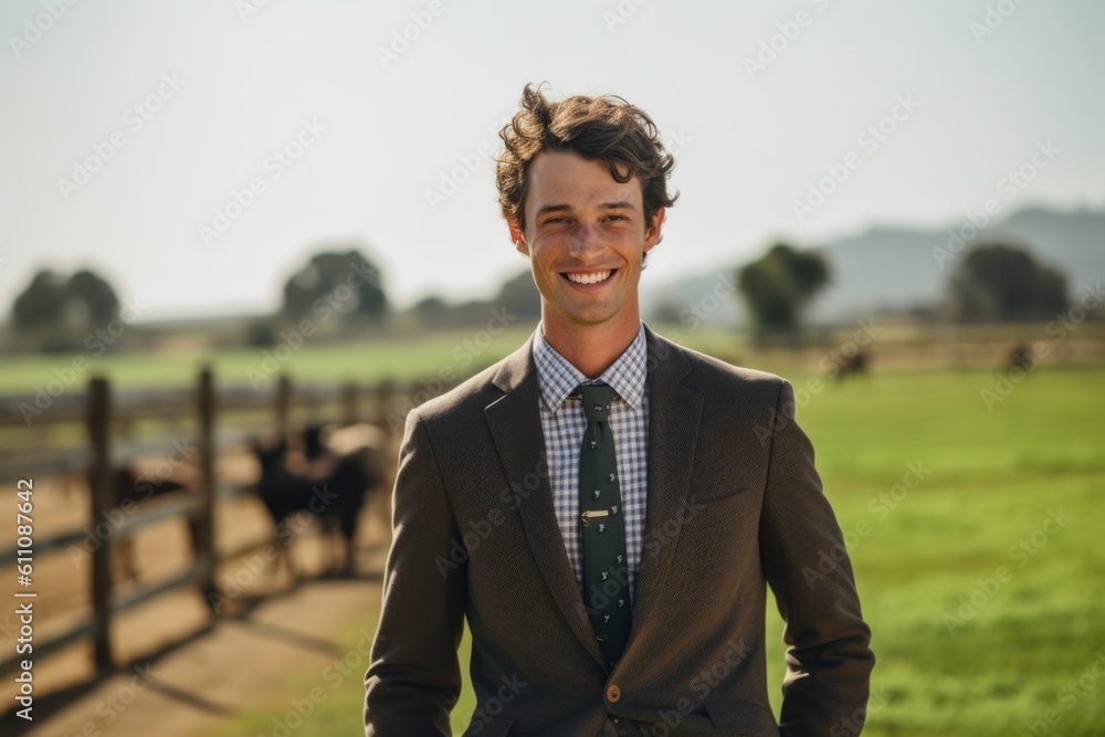Medium shot portrait photography of a grinning boy in his 30s wearing a classic blazer against a sprawling ranch background. With generative AI technology Medium shot portrait photography of a grinning boy in his 30s wearing a classic blazer against a sprawling ranch background. With generative AI technology