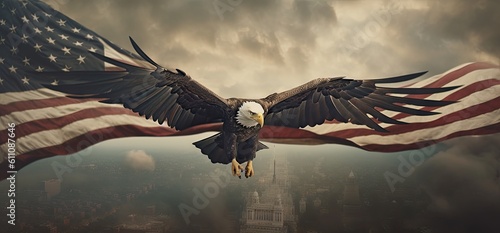 eagle flying in the sky holding an american flag in its talons Generative AI