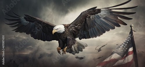 eagle flying in the sky holding an american flag in its talons Generative AI