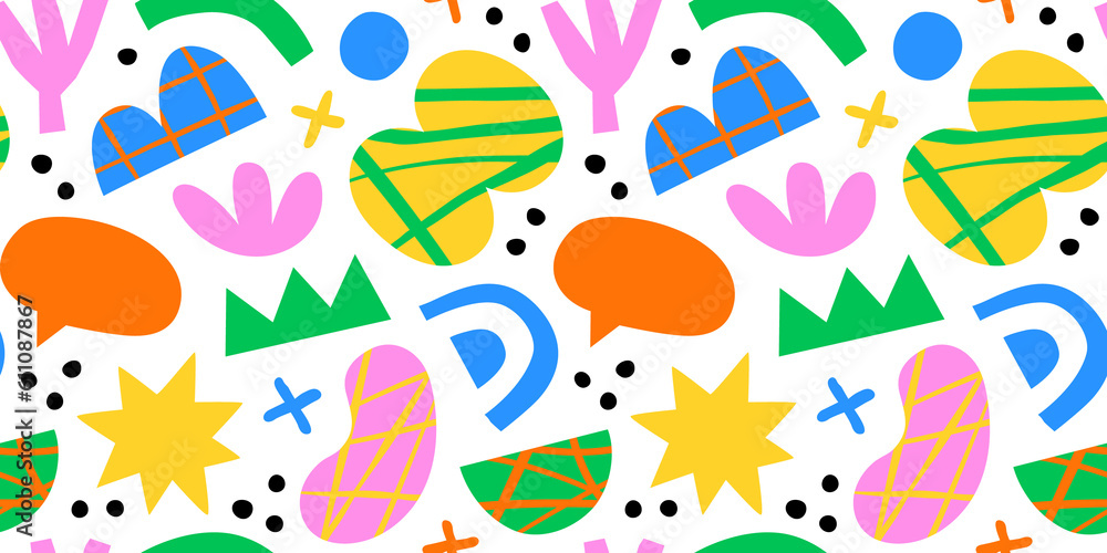Abstract organic shape seamless pattern with colorful geometric doodles. Flat cartoon background, simple random shapes in bright childish colors.	
