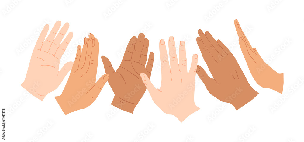 Diverse people hand doing high five gesture together. Modern hands cartoon illustration of business partner team, friend group or success celebration concept.
Diverse people hand doing high five gesture together. Modern hands cartoon illustration of business partner team, friend group or success celebration concept.