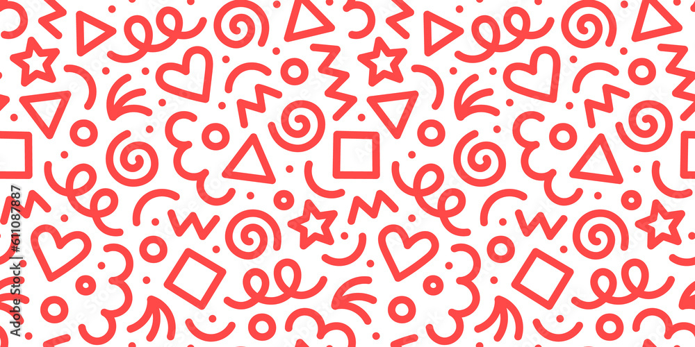 Fun red line doodle seamless pattern. Creative abstract style art background for children or trendy design with basic shapes. Simple childish scribble wallpaper print.
Fun red line doodle seamless pattern. Creative abstract style art background for children or trendy design with basic shapes. Simple childish scribble wallpaper print.