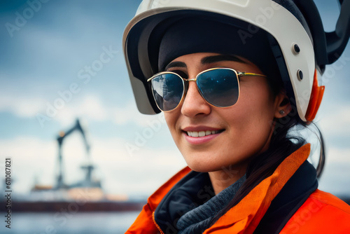 Portrait of the female oil engineer in an orange vest, Alaska, snowy landscape and snowy mountains in the background. Generative AI © mikhailberkut