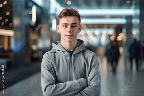 Environmental portrait photography of a satisfied mature boy wearing a comfortable tracksuit against a modern fitness center background. With generative AI technology