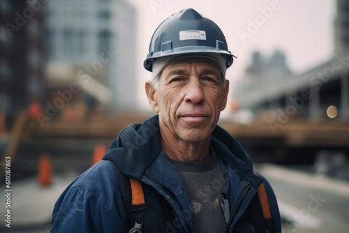 Medium shot portrait photography of a glad mature man wearing a cool cap or hat against a busy construction site background. With generative AI technology © Markus Schröder