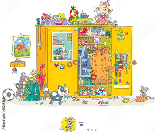 Find all 10 of cunning grey mice hiding from a funny plump cat in a large old closet full of clothes, shoes, other things and toys in a home hallway, vector cartoon illustration isolated on white