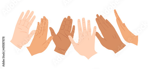 Diverse people hand doing high five gesture together. Modern hands cartoon illustration of business partner team, friend group or success celebration concept. 